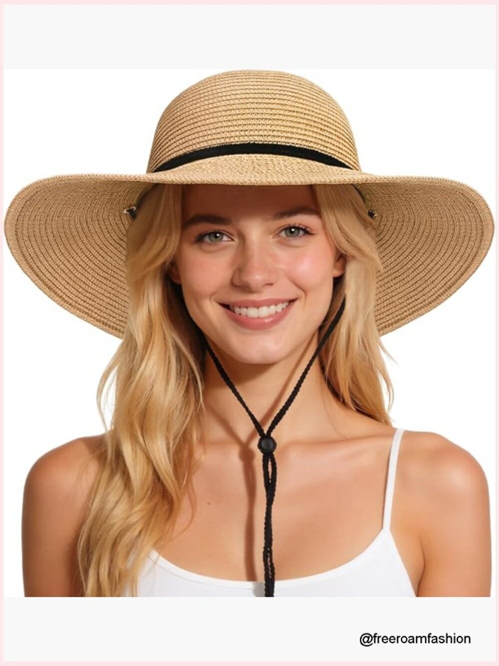 Wide Brim Straw Sun Hat with Chin Strap UPF 50+
